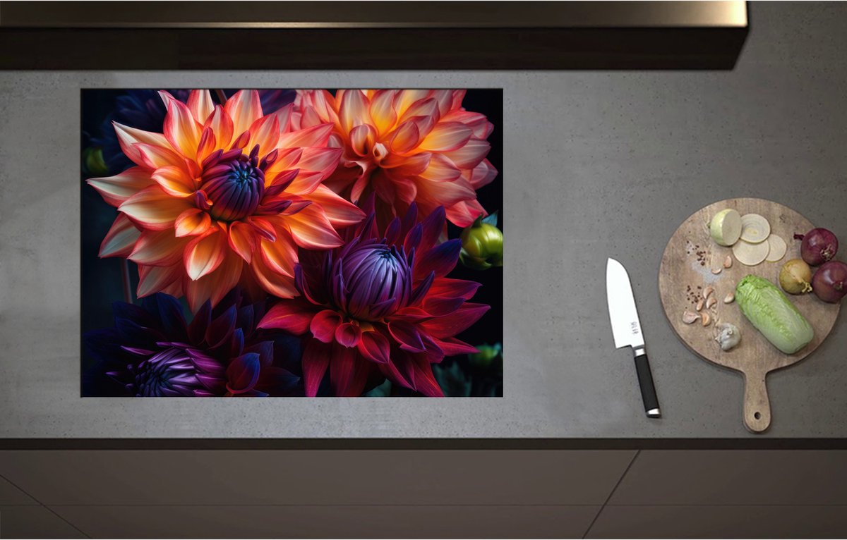 Inductieplaat Beschermer - Boeket van Oranje en Paarse Bloemen - 75x55 cm - 2 mm Dik - Inductie Beschermer - Bescherming Inductiekookplaat - Kookplaat Beschermer van Zwart Vinyl