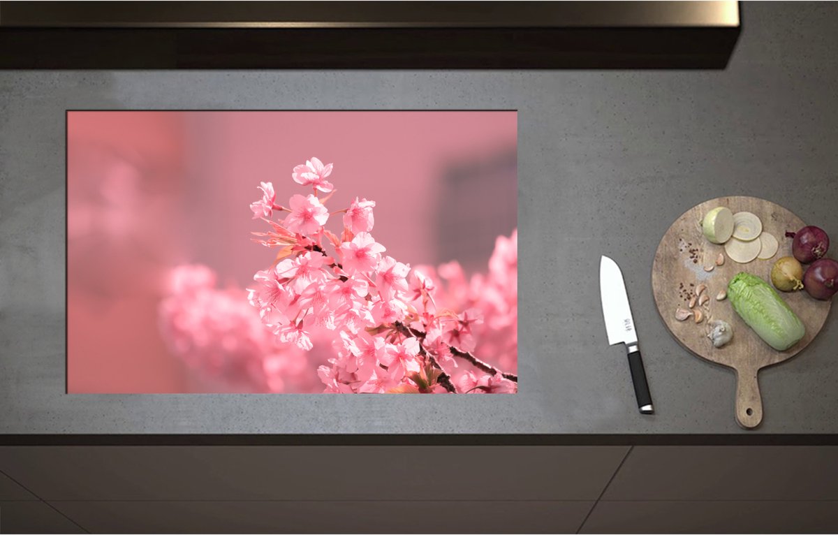 Inductieplaat Beschermer - Bloeiende Kersenbloesem aan Tak - 80x51 cm - 2 mm Dik - Inductie Beschermer - Bescherming Inductiekookplaat - Kookplaat Beschermer van Wit Vinyl