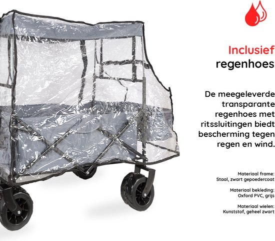 EASTWALL Bolderkar - Opvouwbare Handkar met Dak - 115 x 63 x 110 cm - Transportkar - Tot 80 kg - Verstelbare duw- en trekhandgreep - Inclusief Transparante Regenhoes met Ritssluitingen - Afneembaar Dak - Zwart/Grijs van EASTWALL — afbeelding 3