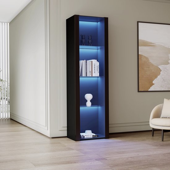 Sweiko Vitrine noire brillante avec éclairage LED, 3 compartiments en verre, 55*38*166 cm, vitrine, armoire sur pied, armoire haute, armoire de rangement