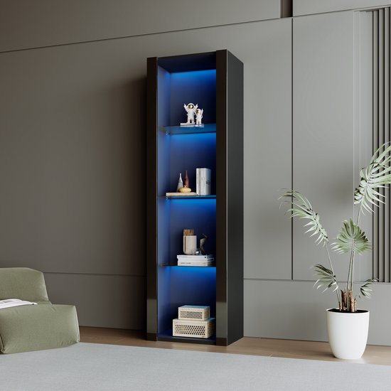 Sweiko Vitrine noire brillante avec éclairage LED, 3 compartiments en verre, 55*38*166 cm, vitrine, armoire sur pied, armoire haute, armoire de rangement