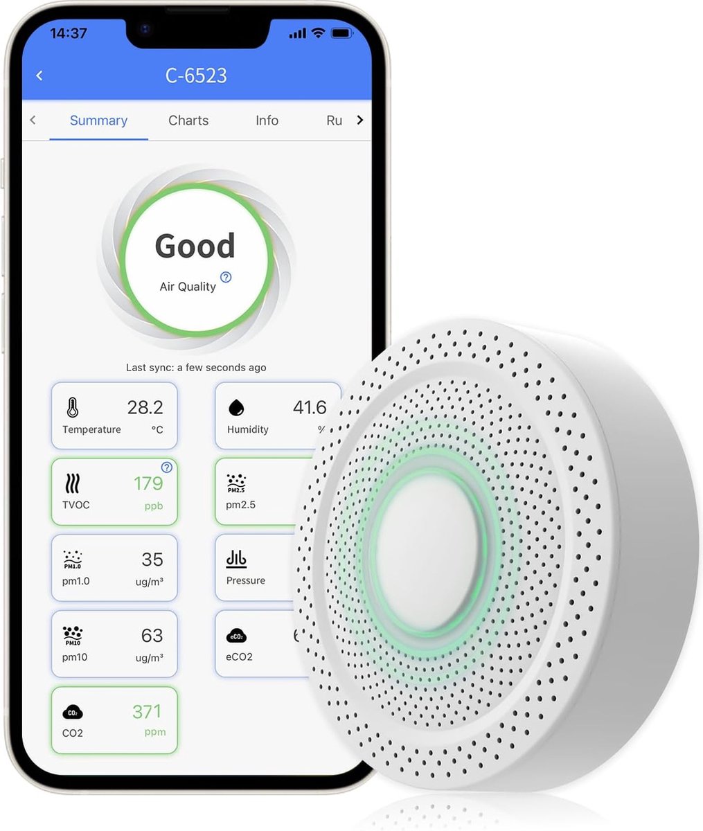 CO2 Meter 9-in-1 luchtkwaliteitsmonitor AQS1 PM1-PM2.5-PM10 TVOC CO2-eCO2 temperatuur vochtigheid waarschuwingen WiFi RS485 LAN-verbinding