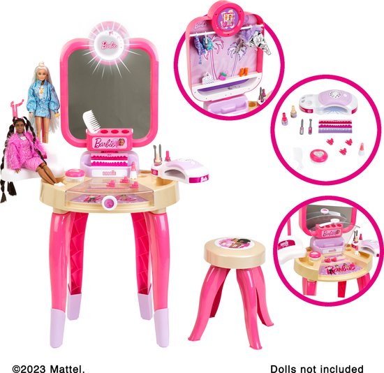 Klein Toys Barbie Beauty Studio "Happy Vibes" - avec ustensiles et sèche-ongles avec effets d'air et de lumière - rose beige