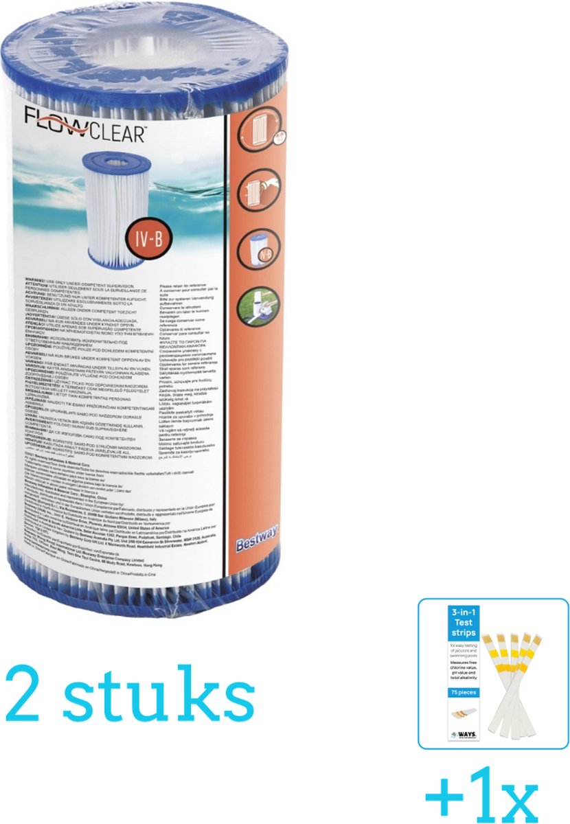 Bestway Flowclear Filtercartridge Type IV 2 stuks Voordeelverpakking Inclusief WAYS Testrips (1 stuks) Type 4 Type IV filter Geschikt voor 58391 Pomp