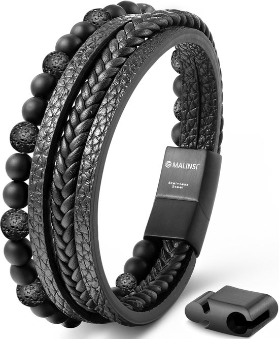 Malinsi Bracelet Homme - Pierre Onyx Cuir Cordons Zwart et Acier Inoxydable - Bracelet Homme 20 + 2 cm Extension