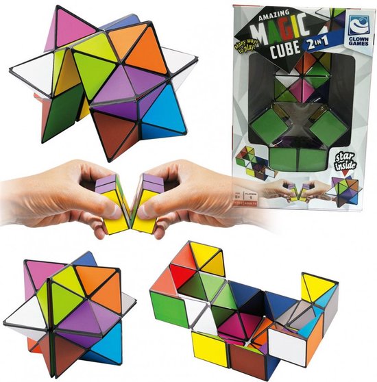 Collage van de Clown Magic Cube 2-in-1: een ster-vormige kubus, handen die de kubus veranderen, en een slang-vormige kubus.