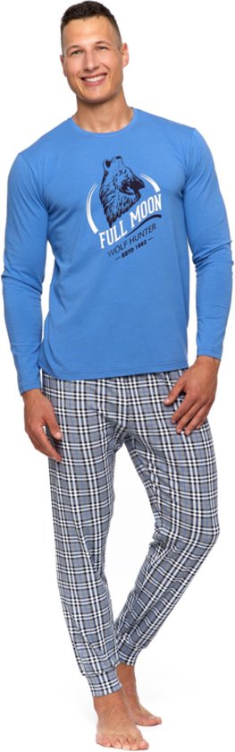 Herenpyjama met lange mouwen en geruite broek- blauw M