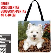LaGloss® Schoudertas Boodschappentas Hond Welsch - GROEN/BRUIN/WIT - 40 x 40cm - Linnen - Casual Tote Handtas
