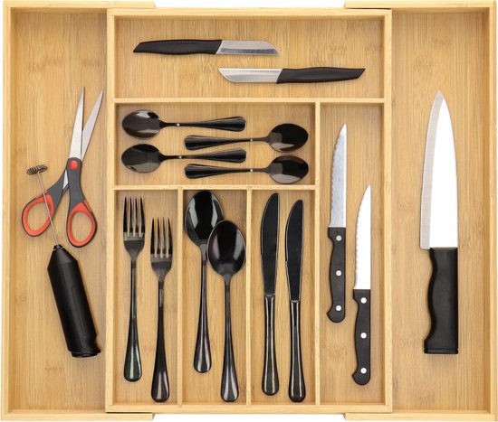 ACAZA Plateau à couverts réglable en bois de bambou, Tiroir à couverts 7 à 9 compartiments, Séparateur de tiroir, Bestekbak de rangement , Cassette à couverts