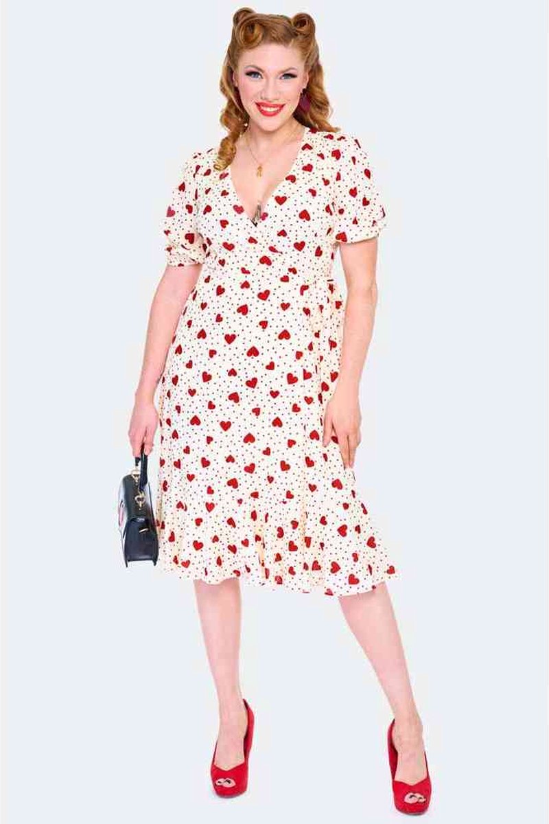 Voodoo Vixen - Heart Polka Dot Wikkeljurk - L - Creme