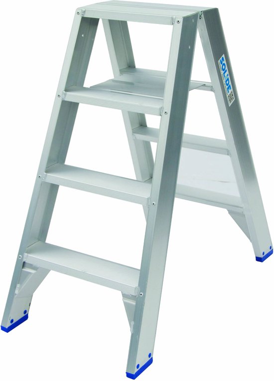 Aluminium dubbele trap met blauwe antislipdoppen, met "SOLIDE" logo op de zijkant.