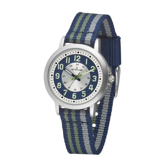 Foto: Atrium horloge kind kinderhorloge jongens blauw groen grijs analoog 3 bar waterdicht leercijferblad duidelijk nylonband 13 17 5 cm polsomtrek quartz uurwerk a50 11