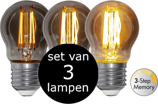 Set de 3 ampoules sphériques avec verre fumé, filaments visibles et culot E27. Une ampoule est allumée.