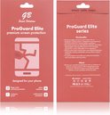 Verpakking met GB ProGuard Elite premium screen protection. Met pictogrammen voor vingerdruk, glare, explosieproof en antibacteriële bescherming.