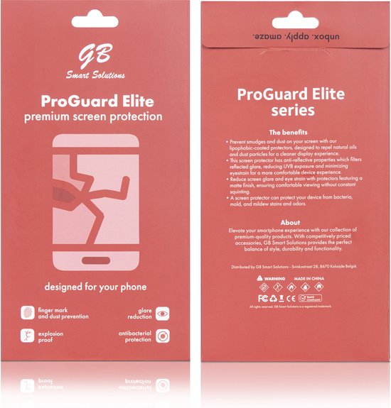 Verpakking met GB ProGuard Elite premium screen protection. Met pictogrammen voor vingerdruk, glare, explosieproof en antibacteriële bescherming.