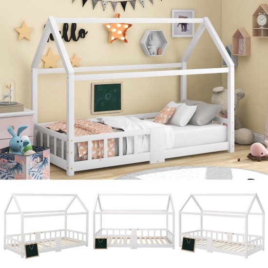 Kinderbed, huisbed, 90 x 200 cm, houten bed voor kinderkamers inclusief planken, lattenbodems, valbeveiliging, van grenenhout, wit (zonder matras).