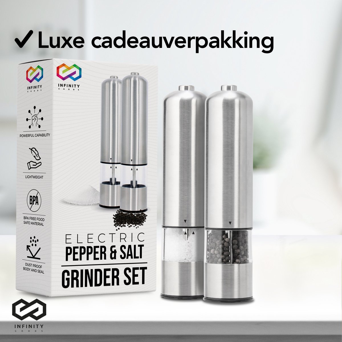 Infinity Goods Elektrische Peper- En Zoutmolen Set - Pepermolen - Zoutmolen - Verstelbare Maalgraad - Kruidenmolen - RVS — cadeau in Kookcadeaus - foto 8