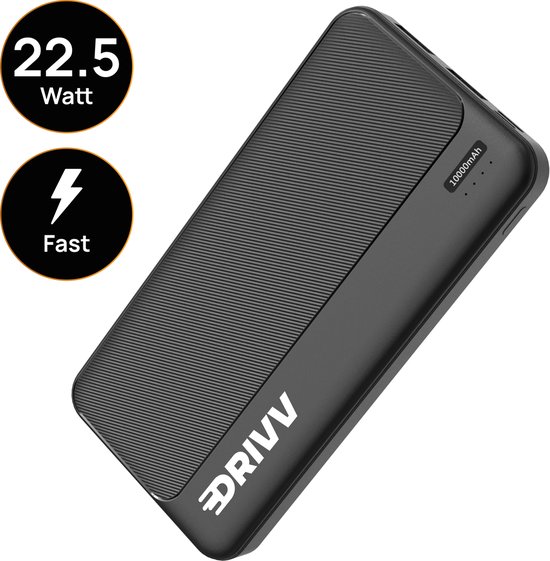 Drivv. Powerbank 10.000 mAh - 22.5W snellader - Fast Charge USB 3.0 - USB C - O.a. Samsung / iPhone / meer - Zwart