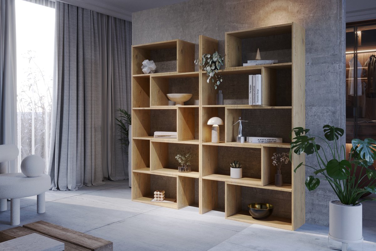 Meubel Square - Boekenkast DIAMOND 2 - set van 2 - Eiken - 186x240x32 cm - Groot opbergkast - Tweedelig uitschuifbare rek