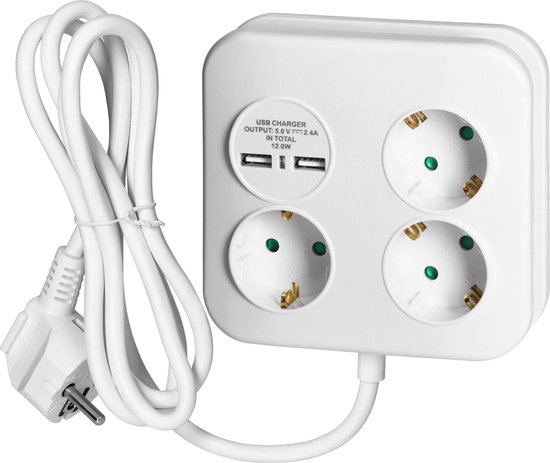 Foto: Stekkerdoos met usb stekkerblok met 3 stopcontacten en 2 usb opbouw verdeelstekker max 3680 watt stekkerdoos met 1 4 meter kabel wit