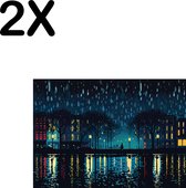 BWK Textiele Placemat - Regenachtige Nacht - Skyline - Illustratie - Set van 2 Placemats - 35x25 cm - Polyester Stof - Afneembaar