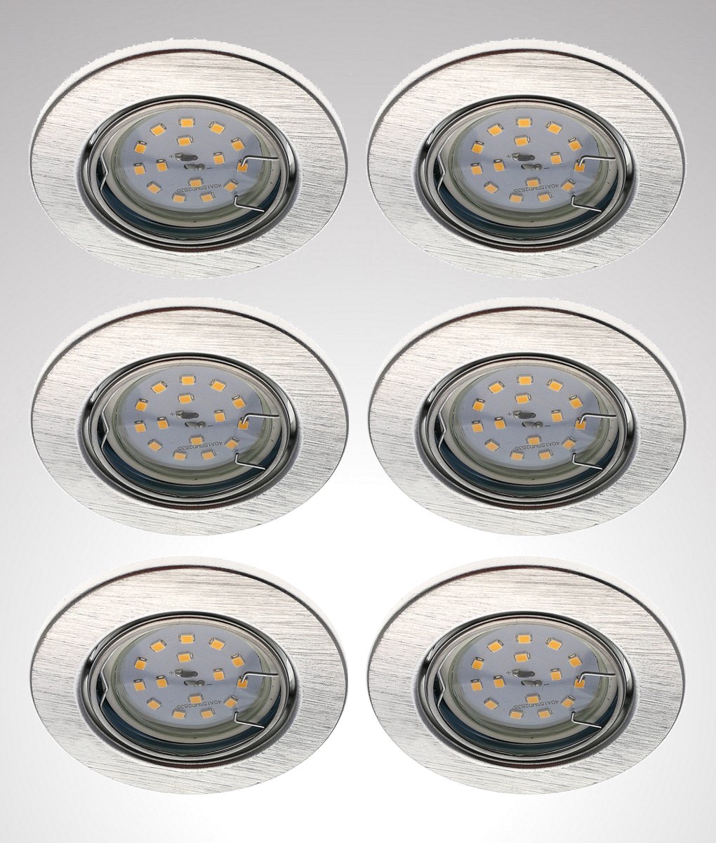 Trango Set van 6 inbouwspots 6729-069MO in ALU geborsteld draaibaar incl. 6x 3000K warm wit Ultra Flat LED Module, Plafondspots, Plafondlamp, Badkamerverlichting, Spots
