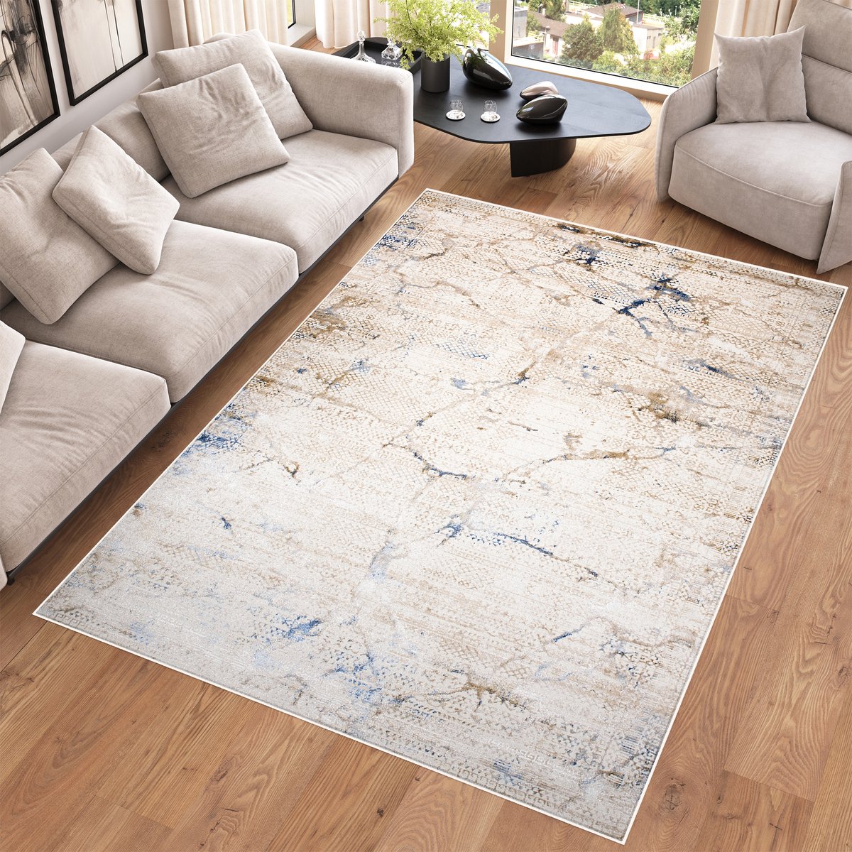 Tapiso Hera Vloerkleed Beige Blauw Woonkamer Gezaagd Modern Tapijt Maat- 80x150 Beige Blauw 1