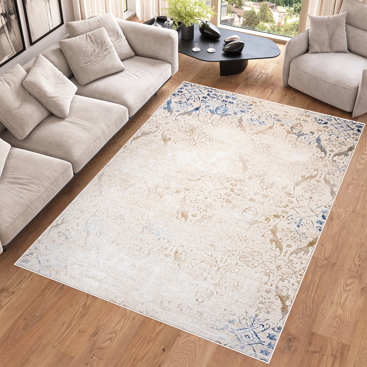 Tapiso Hera Vloerkleed Beige Blauw Modern Stijvol Tapijt Maat- 80x150 Creme Blauw