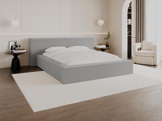 PASCAL MORABITO Bed met opbergruimte 160 x 200 cm - Ribfluweel - Lichtgrijs + matras - TIMANO L 226 cm x H 90 cm x D 252 cm
