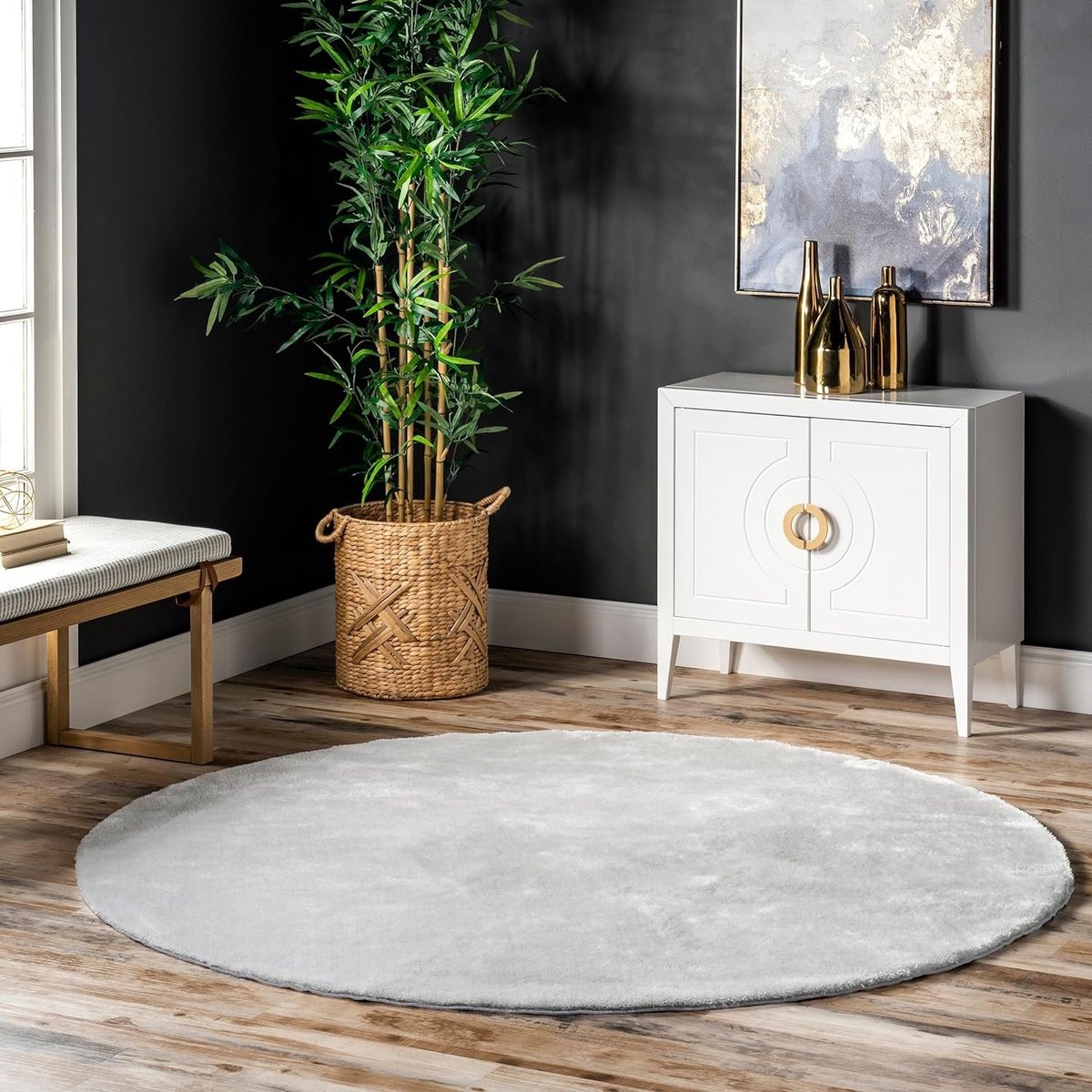 flycarpets Rond Solid Wasbaar Effen Vloerkleed - Zilver / Lichtgrijs - 200x200 cm