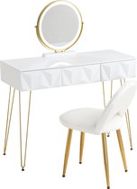 Gran Vida® - Make-Up tafel - Kaptafel Met Spiegel - Led Spiegel - fluwelen stoel - 100x40 CM - Wit Met Goud