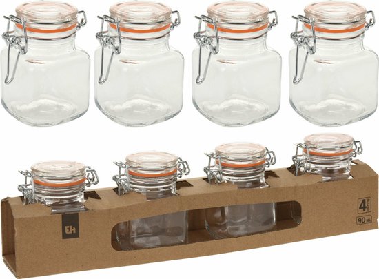 Excellent Houseware Weckpot/Voorraadpot Mini - 4x stuks - kruidenpotjes - 90ml - 7 x 5 cm