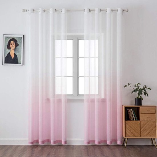 Gordijnen transparante gordijnen kleurverloop voile vitrage set van 2 gordijnen met ogen decoratieve vitrage voor slaap- en woonkamer 215 x 140 cm (h x b) wit roze