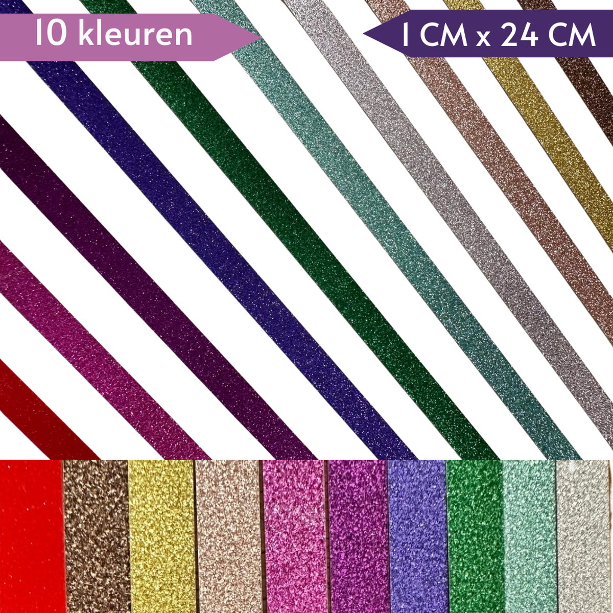 Glitter Papierstroken in 10 kleuren - 520 stuks - Origami Papier voor vouwen van gelukssterren - 1CMx24CM - Lucky Stars/Muizentrappetjes — afbeelding 3