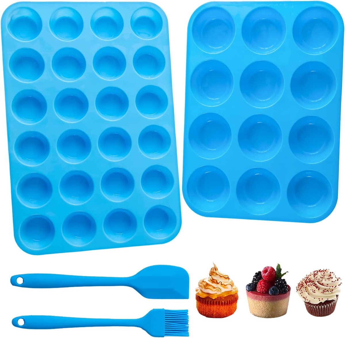 Siliconen muffinvormen 2 stuks 12 + 24 cavity cupcake vormen muffin bakvorm met kwast en spatels vaatwasmachinebestendig anti-aanbak-siliconen bakvormen (blauw)
