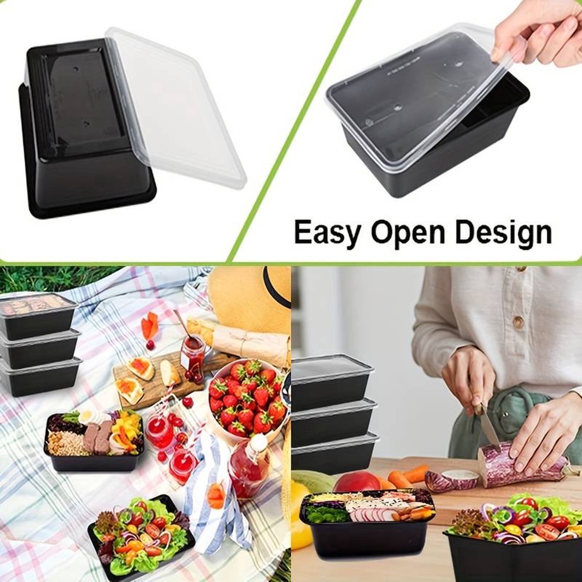 Set van 25 Stuks - 1000 ML Prep-Meal Vershoudbakjes Zwart - Vershouddoos - Meal Prep Bakjes Met Deksel - Magnetron Bakjes - 1000 ML - Zwart - 25 stuks - 1000 cc - Vaatwasserbestendig - BPA Vrij - Duurzaam - Herbruikbare Bakjes — afbeelding 2