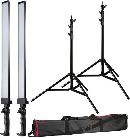 Foto: Bresser fotostudioset br 2250 2x led striplight 2x statief dimbaar 220cm hoog incl tas en spigotadapter