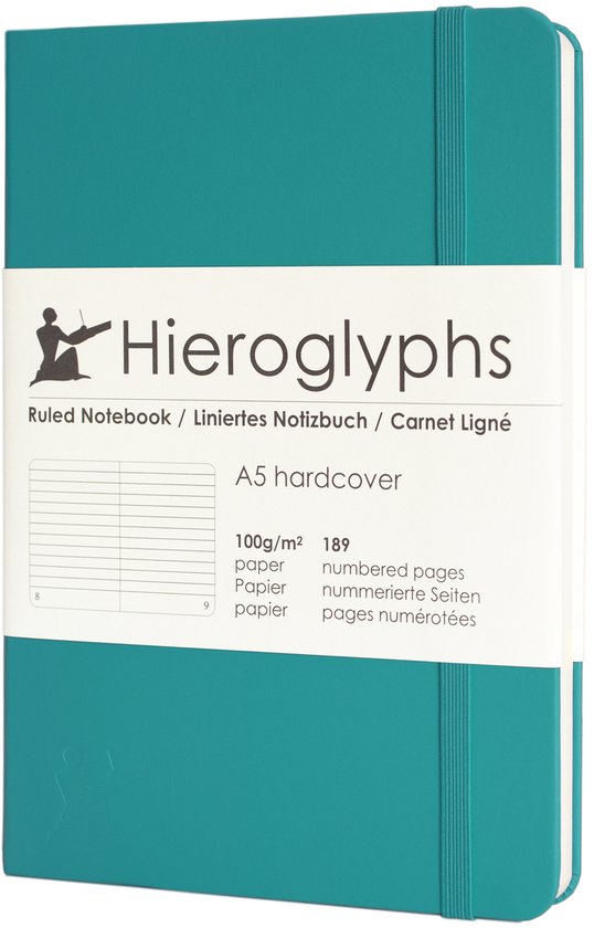 Hieroglyphs Notitieboek A5 Gelijnd - Hardcover - 189 Genummerde Pagina’s - 100 Grams Papier - Elastiek - Schrijfboek - Blauw - Lichtblauw