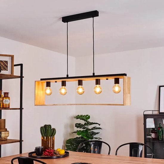 Hangende plafondlamp - Zwart en natuurlijk hout - 5X 40W E27 kookeiland - Verstelbare hoogte Drop interieur moderne trendy woonkamer