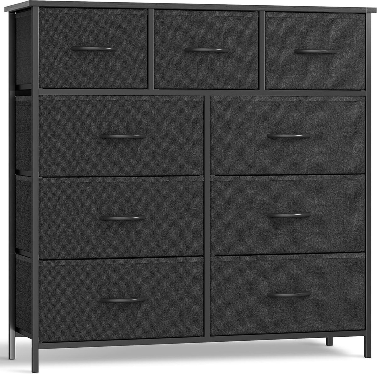 Commode - kast - stoffen ladenkast - opbergkast, 9 laden van stof met handgrepen - metalen frame ladenkast - zwart