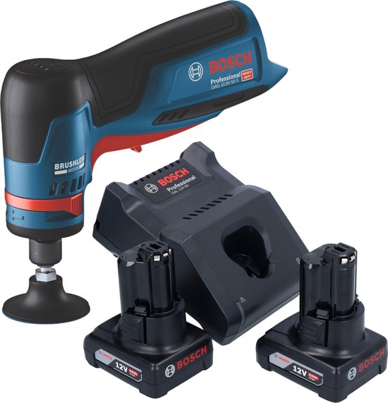 Bosch GWC 10.8V-50 S rechte accuslijpmachine, met 2 accu's en lader. Blauw met zwarte en rode accenten.