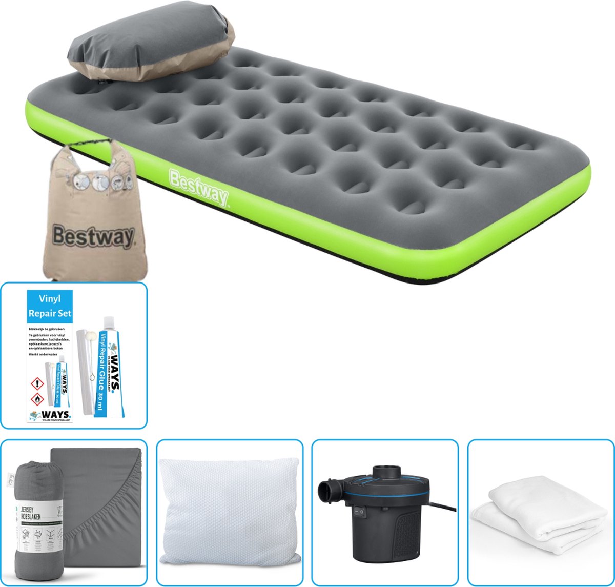 Bestway luchtbed - 1-Persoons - 99 x 188 x 22 cm - Grijs/Groen - Inclusief Hoeslaken - Kussen - Kussenbeschermer - Pomp en Reparatieset