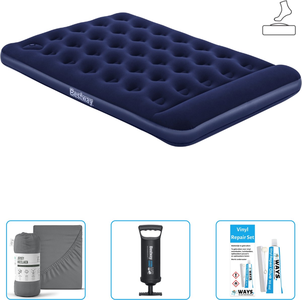 Bestway luchtbed - Twijfelaar - 137 x 191 x 28 cm - Blauw - Inclusief pomp - Hoeslaken - Pomp en Reparatieset