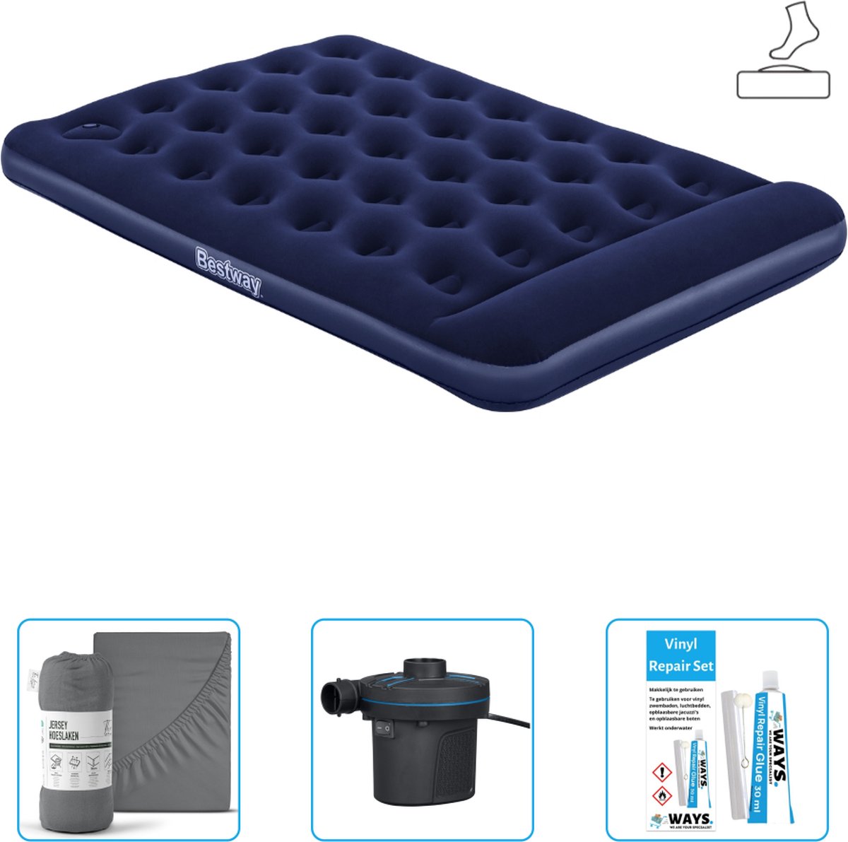 Bestway luchtbed - Twijfelaar - 137 x 191 x 28 cm - Blauw - Inclusief pomp - Hoeslaken - Pomp en Reparatieset