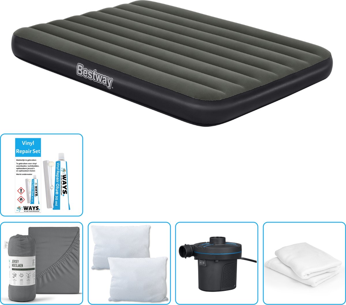 Bestway luchtbed - Twijfelaar- 137 x 191 x 25 cm - Groen - Inclusief Hoeslaken - Kussen - Kussenbeschermer - Pomp en Reparatieset
