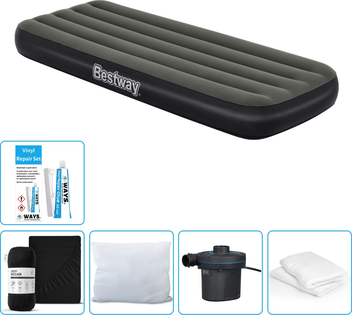 Bestway luchtbed - 1-Persoons - 76 x 185 x 25 cm - Groen - Inclusief Hoeslaken - Kussen - Kussenbeschermer - Pomp en Reparatieset