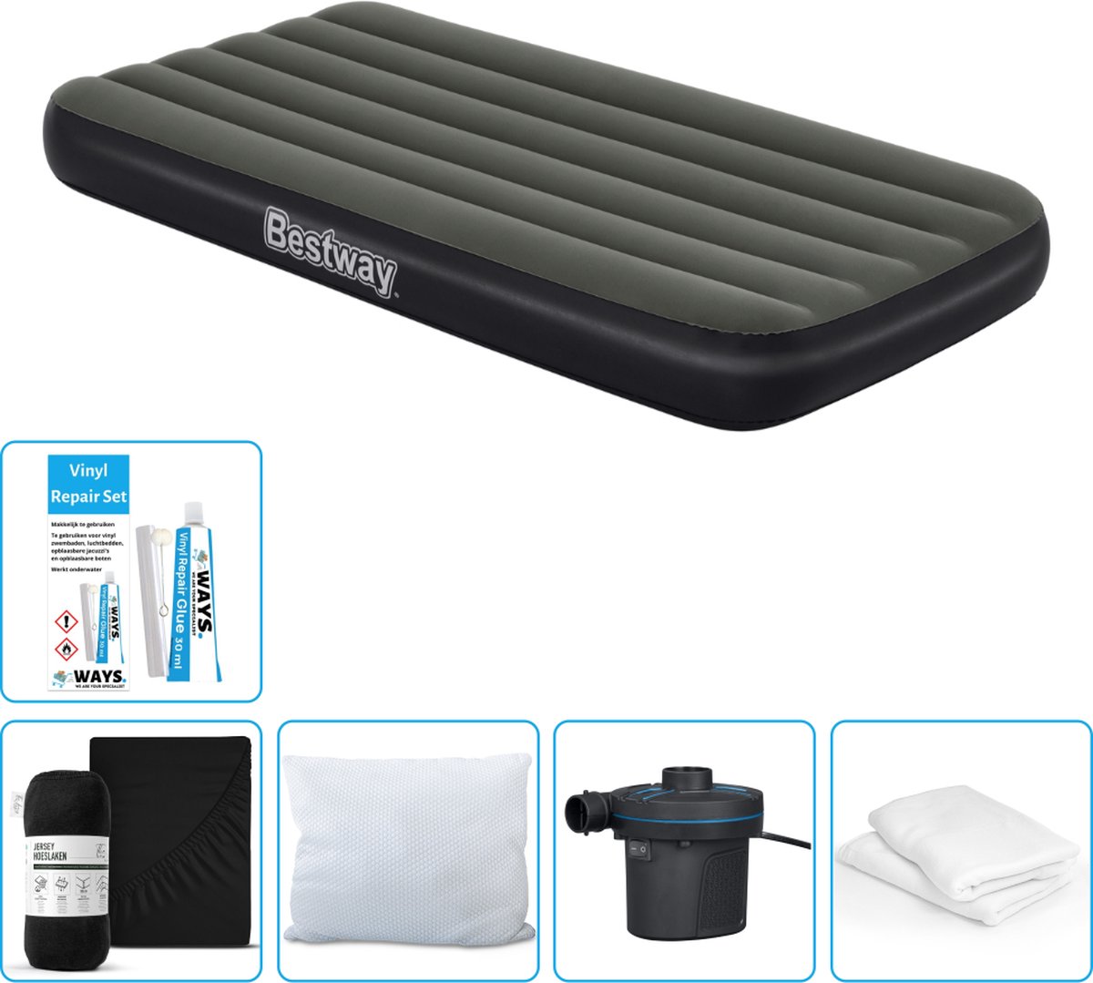 Bestway luchtbed - 1-Persoons - 99 x 188 x 28 cm - Blauw - Inclusief pomp - Hoeslaken - Kussen - Kussenbeschermer - Pomp en Reparatieset