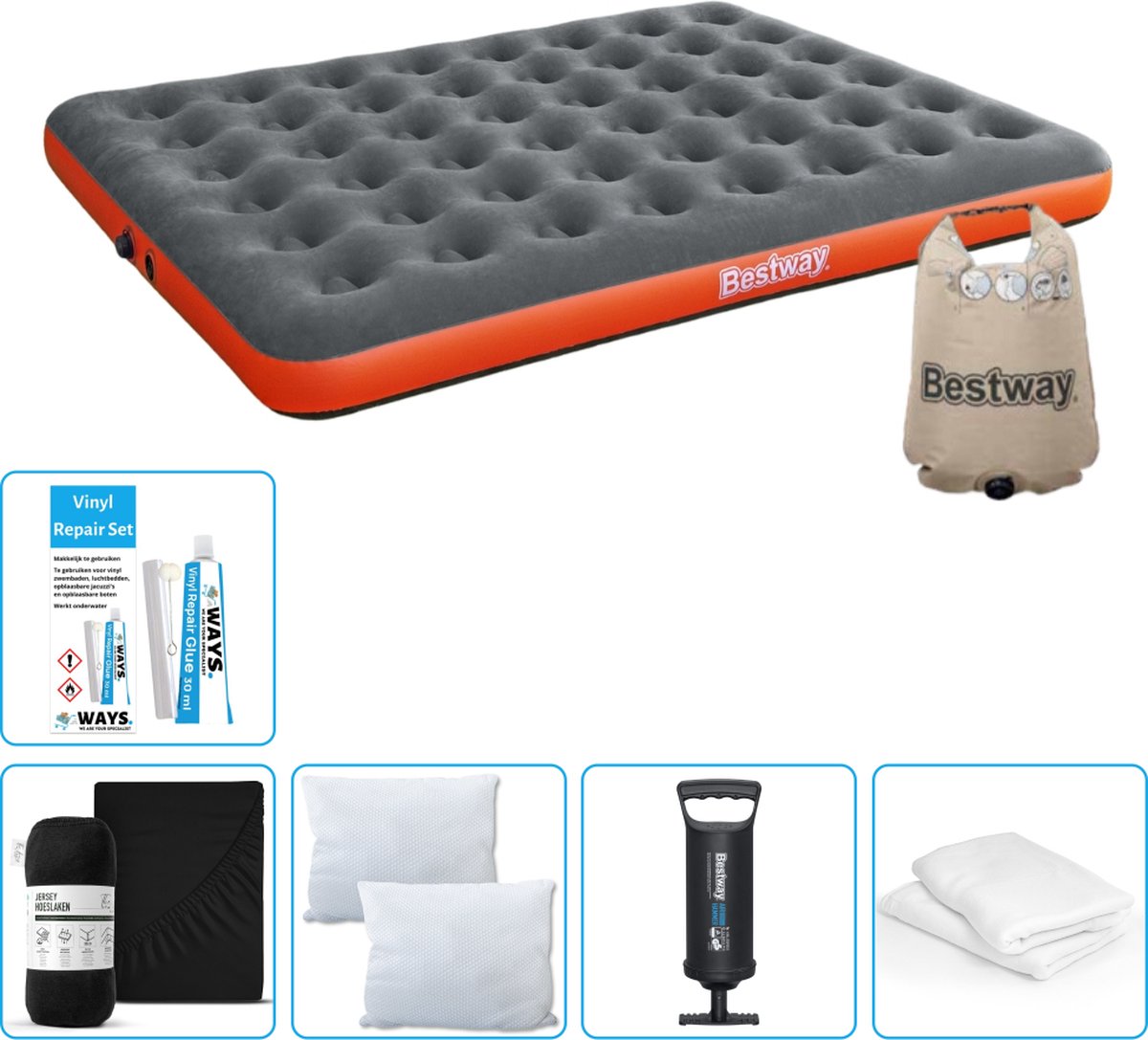 Bestway luchtbed - 2-Persoons - 152 x 203 x 22 cm - Grijs/Oranje - Inclusief Hoeslaken - Kussen - Kussenbeschermer - Pomp en Reparatieset