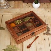Handgemaakte Indiase Masala Dabba kruidenbox van hout met glazen deksel bovenaan, met 12 niet-afneembare containers en 1 lepel, kruidenbox voor thuis en keuken, beste cadeau-idee, 25,4 x 20,3 cm