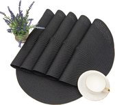 Set van 6 ronde geweven placemats van 38 cm, katoenen tafelmatjes, wasbare hittebestendige antislip placemats voor keukentafel, zwart